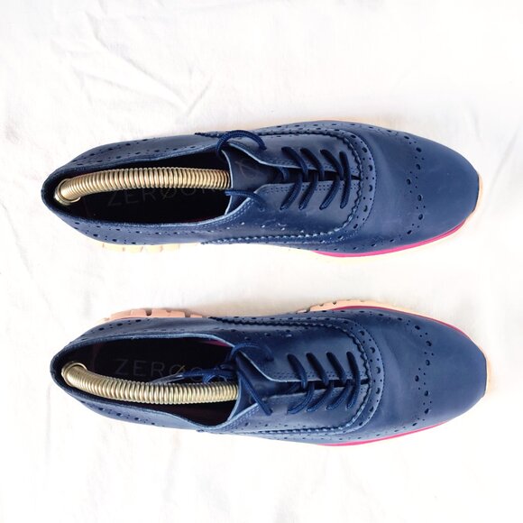 COLE HAAN Zerogrand Leather Wing Lace-up Oxford Marine Blue & Pink Sole 6B EUC - Picture 5 of 8
